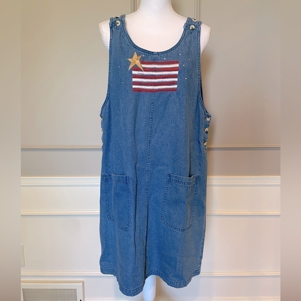 The Quacker Factory denim jean midi jumper embroidered USA star 4th of July